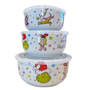 🌲Set Of 3 Grinch Whoville Christmas Ceramic
Storage Bowl Container Pressure Lid